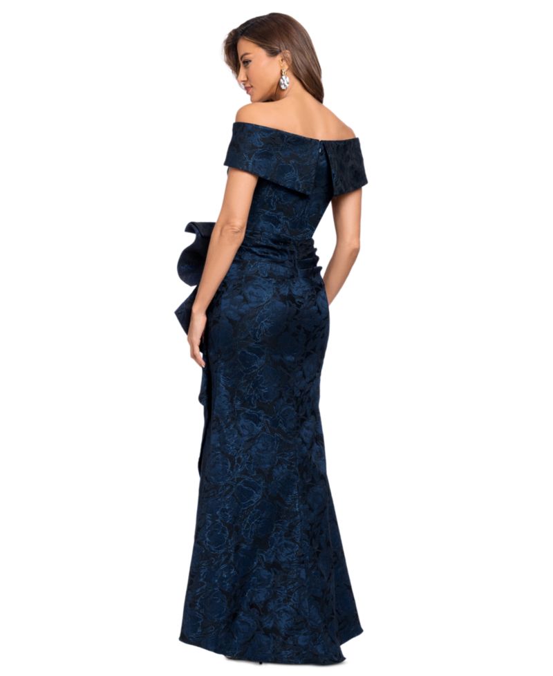Women's Off-the-Shoulder Brocade Ruffle Gown