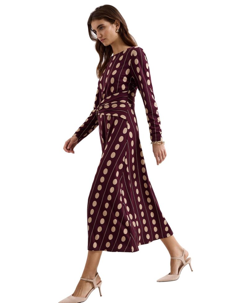 Women's Eugenie Long-Sleeve Polka-Dot Knotted-Waist Midi Dress