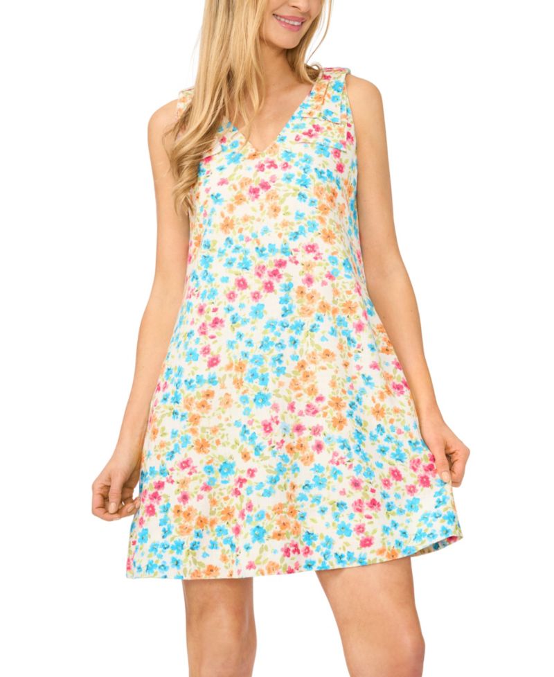 Women's Linen-Blend V-Neck Floral Linen Mini Dress