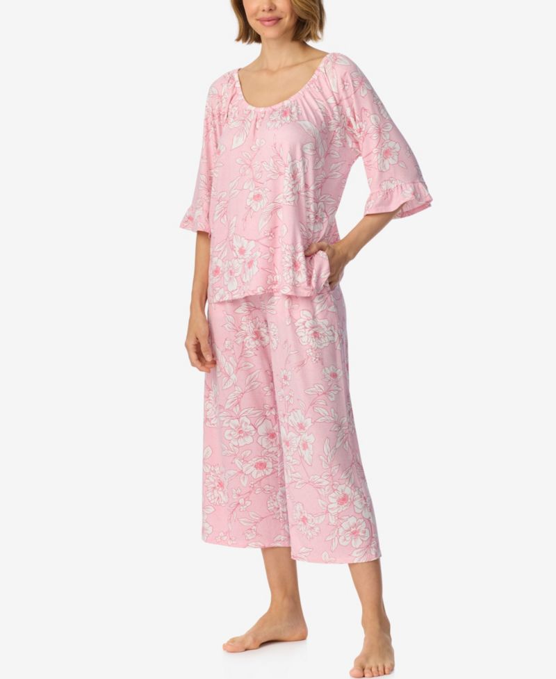 Women's Above-Elbow Raglan Sleeves with Ruffle Wide-Leg Cropped Pant Pajama Set