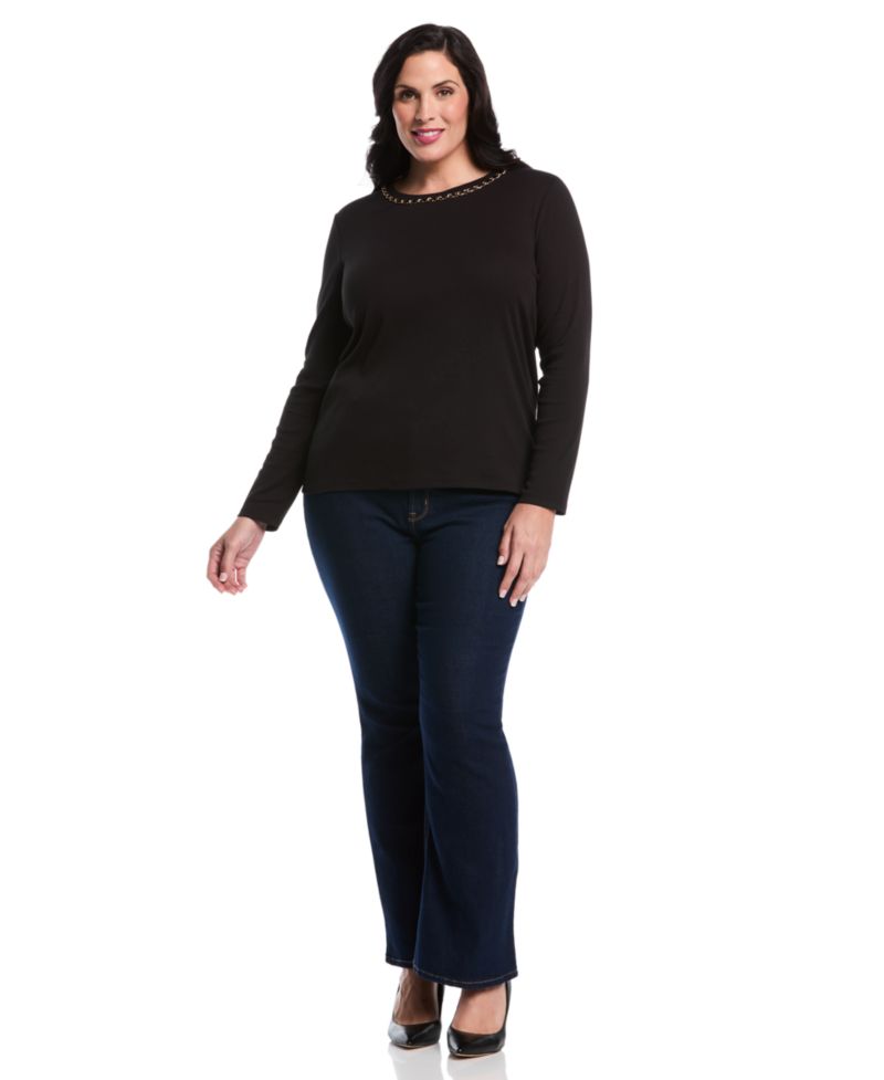 Plus Size Chain Neck Detail Long-Sleeve Top