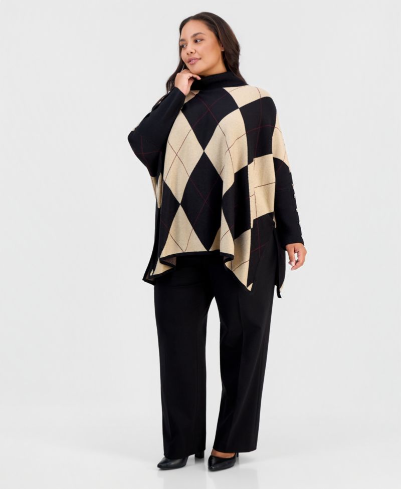 Plus Size Argyle Turtleneck Poncho