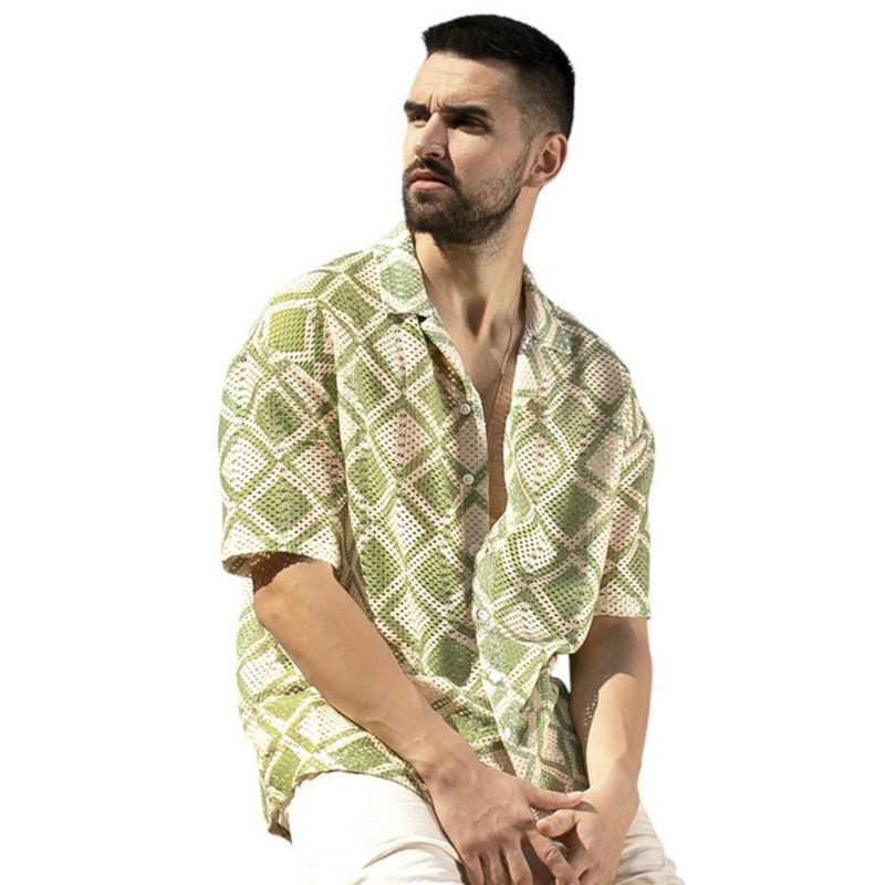 Men's Grass Green & Pale Yellow Geometric Block Oversized Shirt