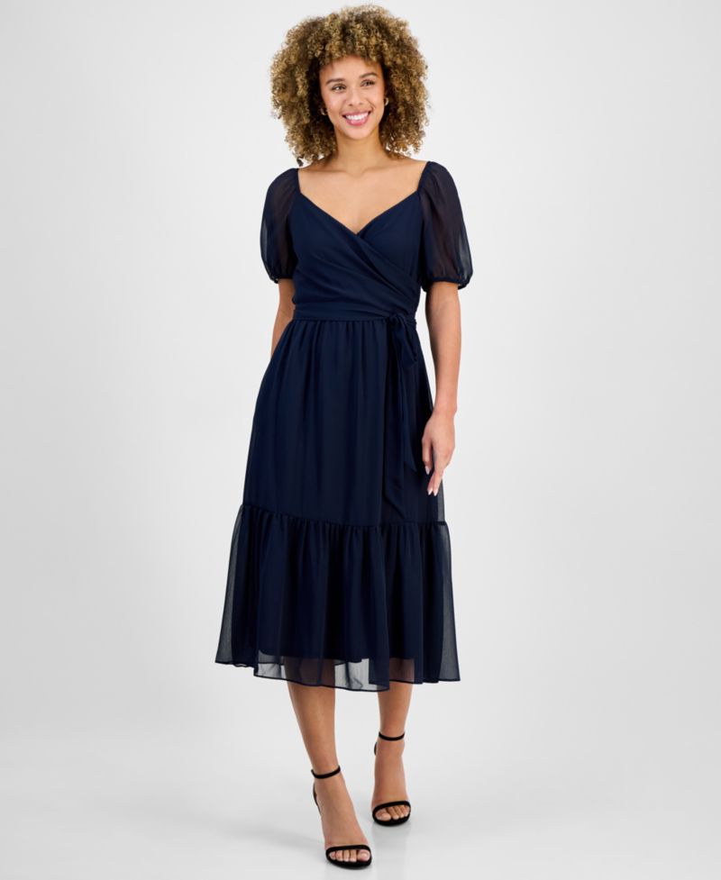 Women's Puff-Sleeve Belted Midi Dress
