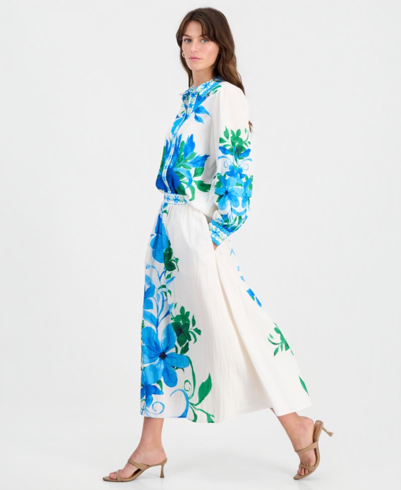 Women's Placed-Floral Pull-On Midi Skirt