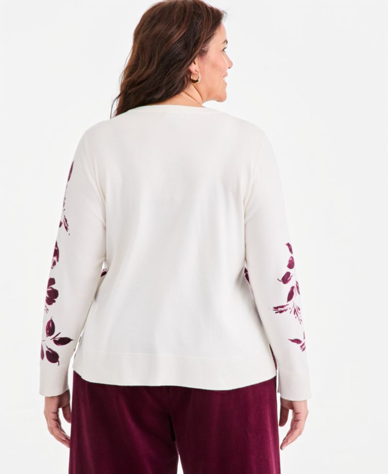 Plus Size Printed Crewneck Long-Sleeve Sweater