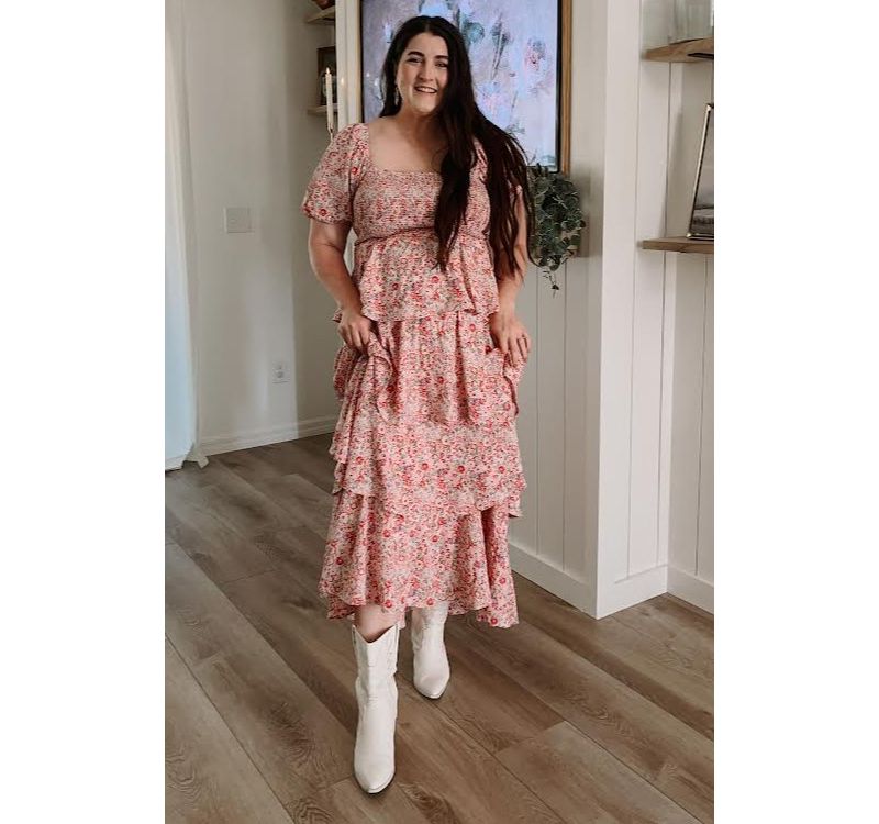 Women's Pink Floral Square Neck Ruffle Layered Maxi Dress