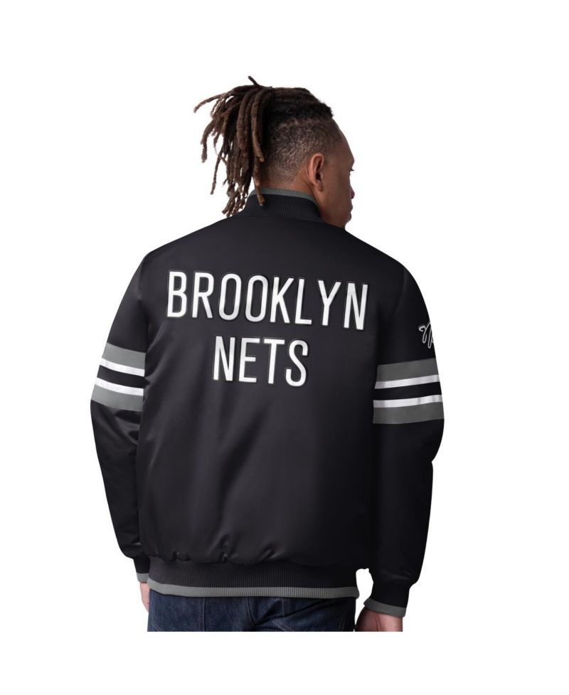 Men's Black Brooklyn Nets Scout Varsity Satin Full-Snap Jacket