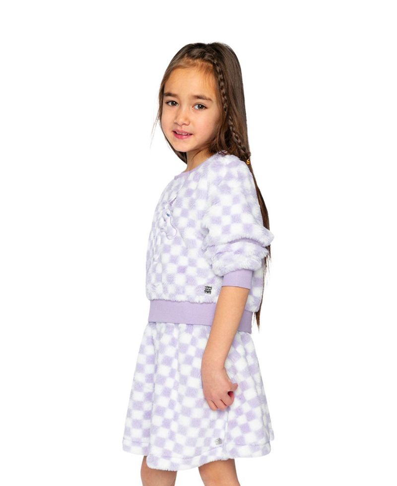 Little and Big Girl 6-12 Faux Fur Top Lilac and Tiles