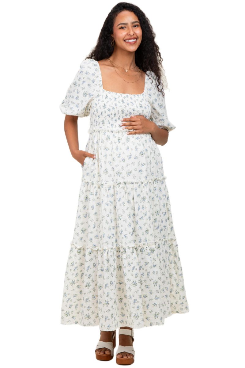 Women's Blue Floral Smocked Ruffle Tiered Maxi Dress