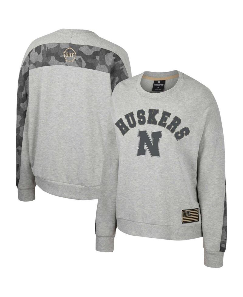 Women's Heather Gray Nebraska Huskers OHT Military-Inspired Appreciation Flag Rank Dolman Pullover Sweatshirt