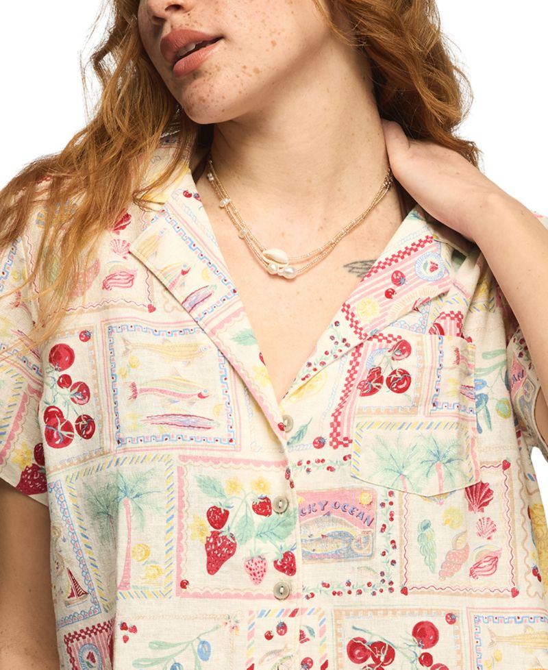 Women's Printed Camp Collar Button-Front Top