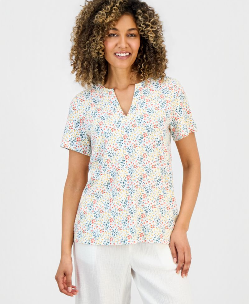 Petite Floral-Print Short-Sleeve Split-Neck Yoke Top