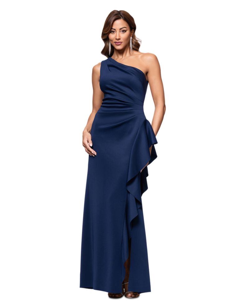 Petite Ruffled One-Shoulder Scuba Gown