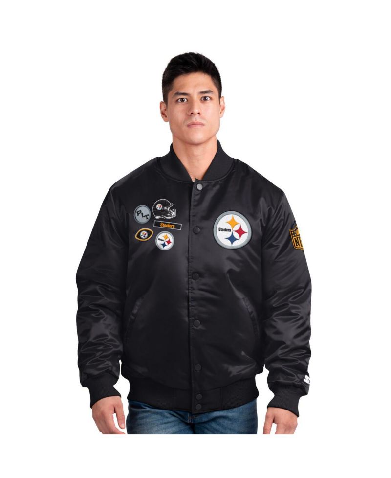 Men's Black Pittsburgh Steelers Exclusive Satin Full-Snap Varsity Jacket