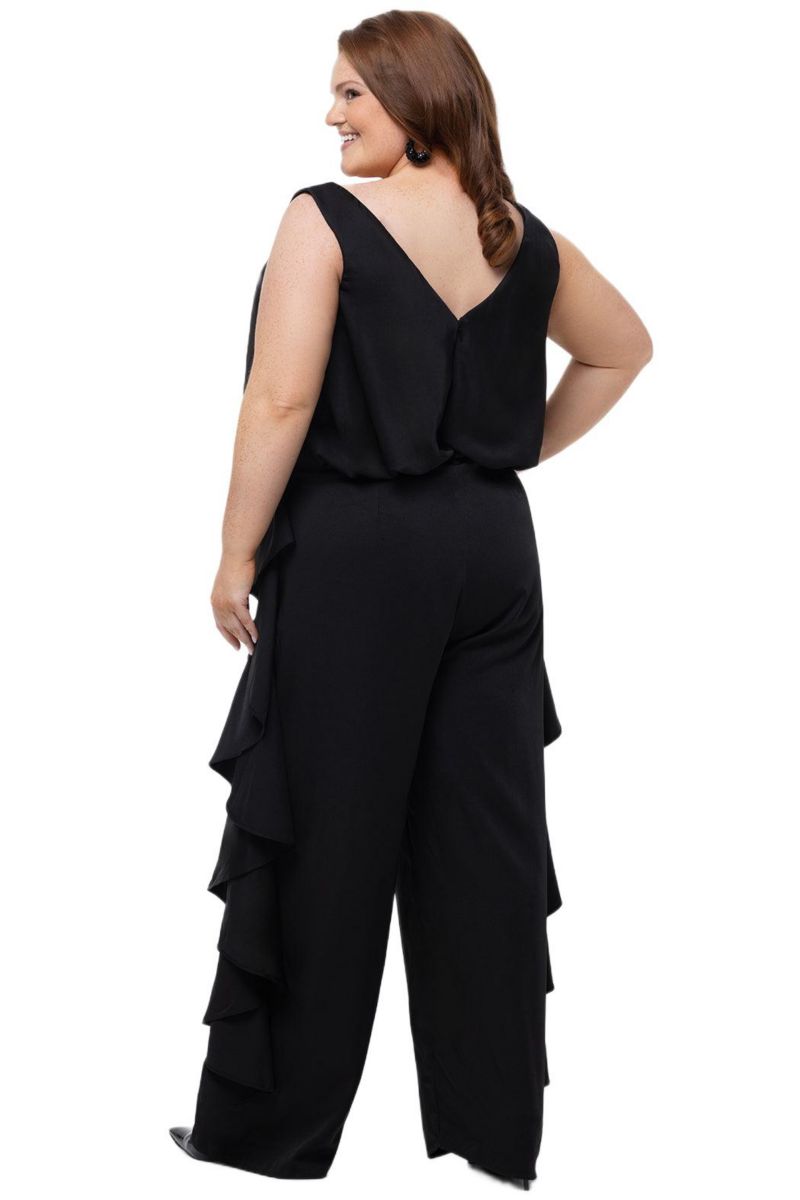 Women's V-Neck Stretch Satin Jumpsuit with Ruffles