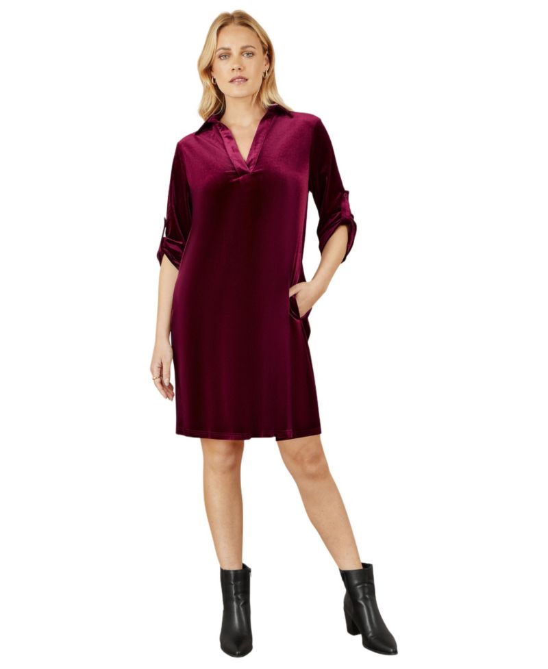 Women's Velvet Sleeve Collared Tunic Dress