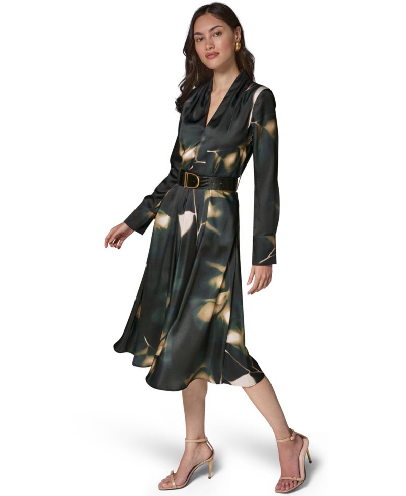 Women's Long-Sleeve Printed Charmeuse A-Line Dress With Belt