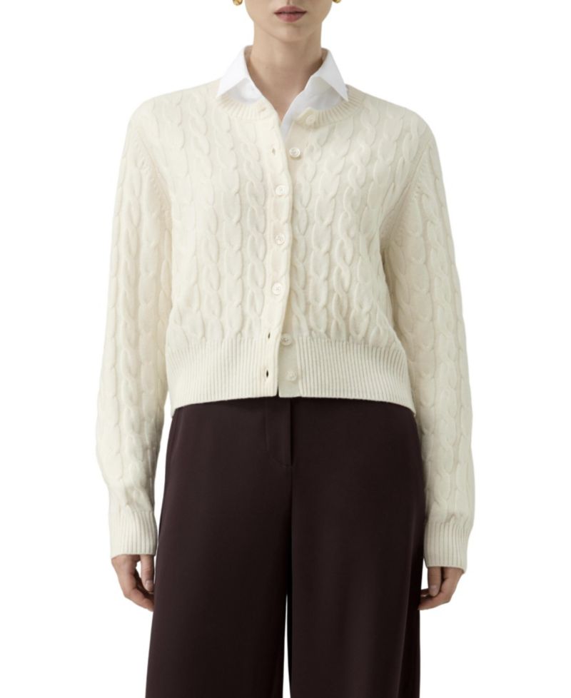 Women's Merino Wool Cable-Knit Crewneck Cardigan