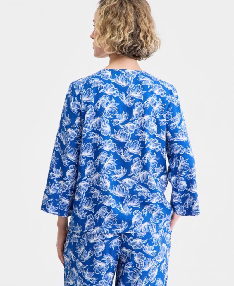 Women's Split-Neck Beaded Linen-Blend 3/4-Sleeve Top