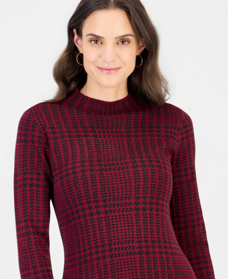 Women's Mock Neck Long-Sleeve Plaid Sweater Dress