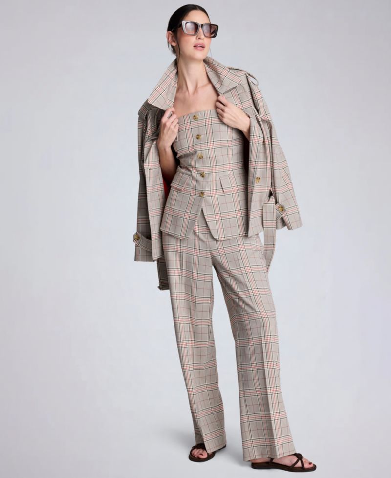 Women's Glen Plaid Button Front Drop Waist Belted Trench Jacket
