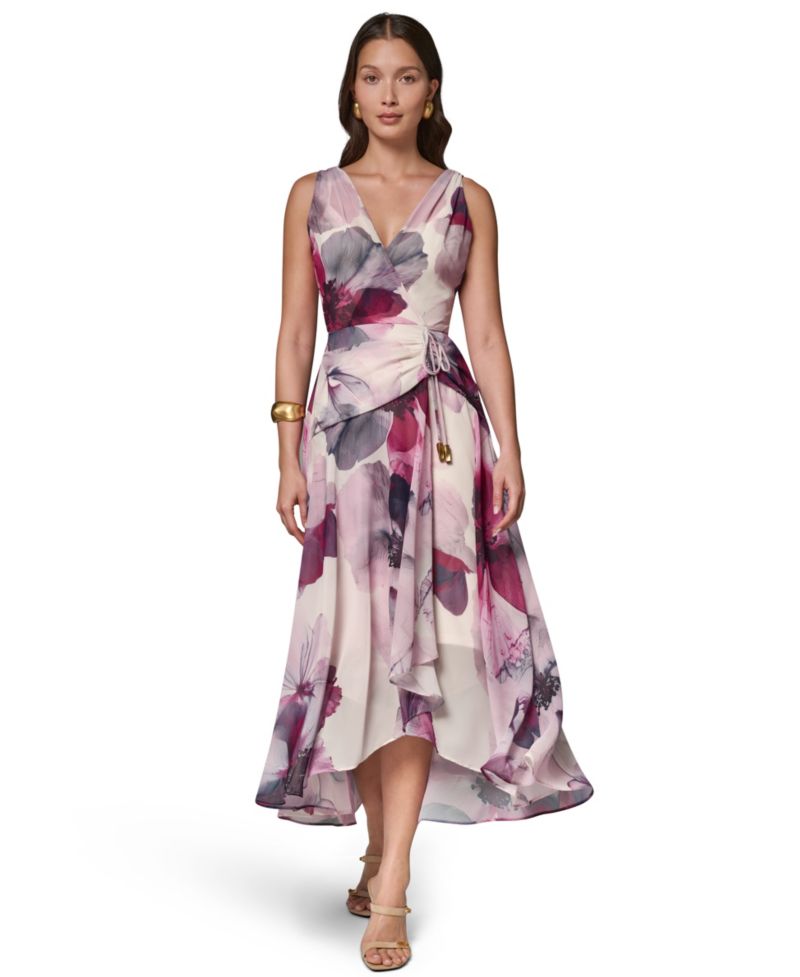 Women's Printed Chiffon Faux Wrap Midi Dress