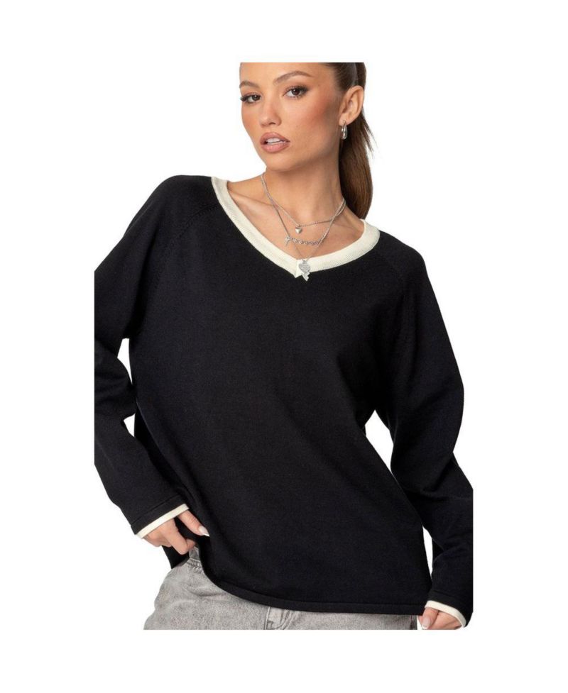 Women's Contrast V Neck Knit Sweater