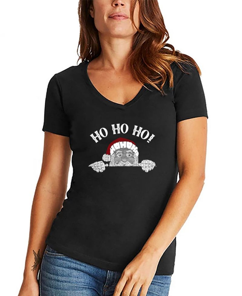 Women's Peeking Santa Word Art V-Neck T-Shirt