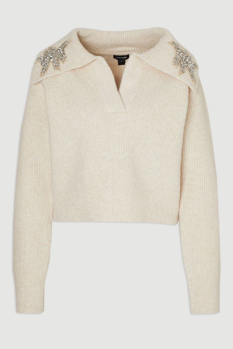 Women's Embellished Collar V Neck Knit Sweater