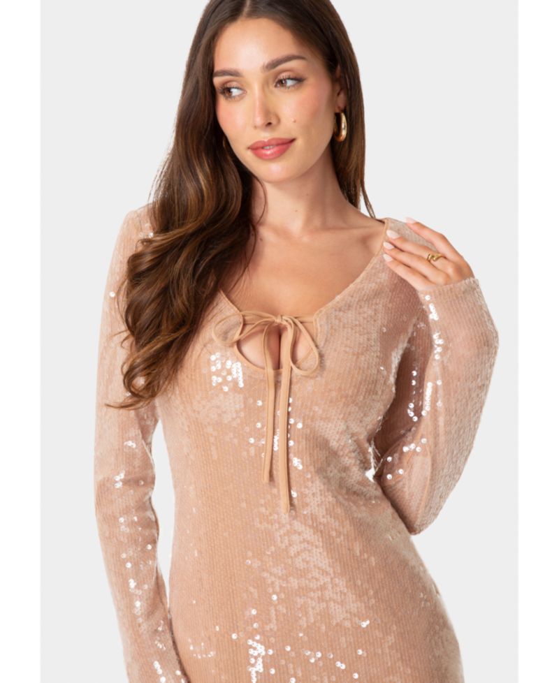 Women's Sequin Long Sleeve Tie Front Dress