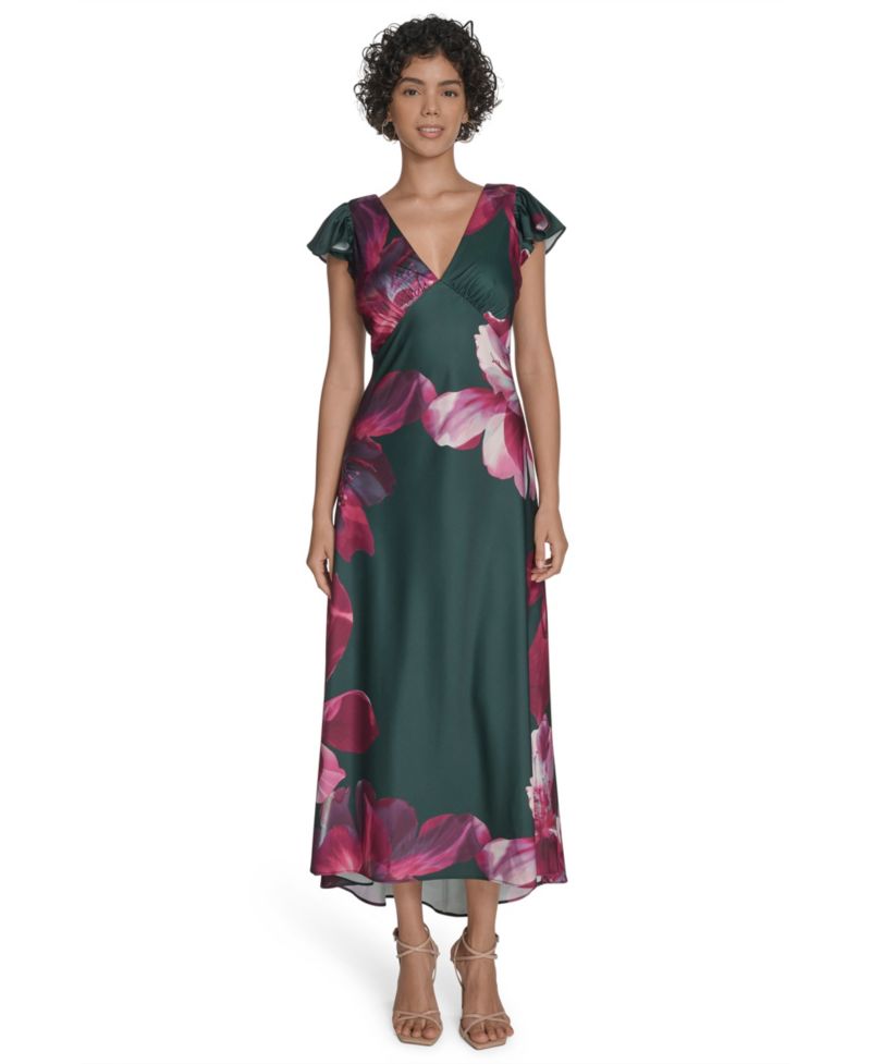Women's Flutter Sleeve Satin Midi Dress