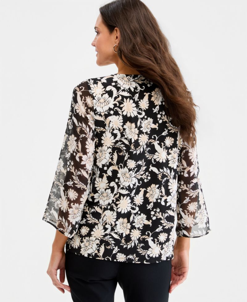 Women's Printed Chiffon-Sleeve Gathered-Neck Top