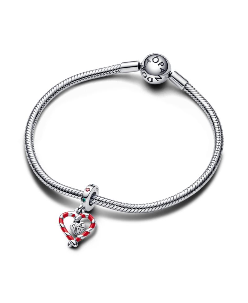 Cubic Zirconia Double Candy Cane Heart Christmas Dangle Charm