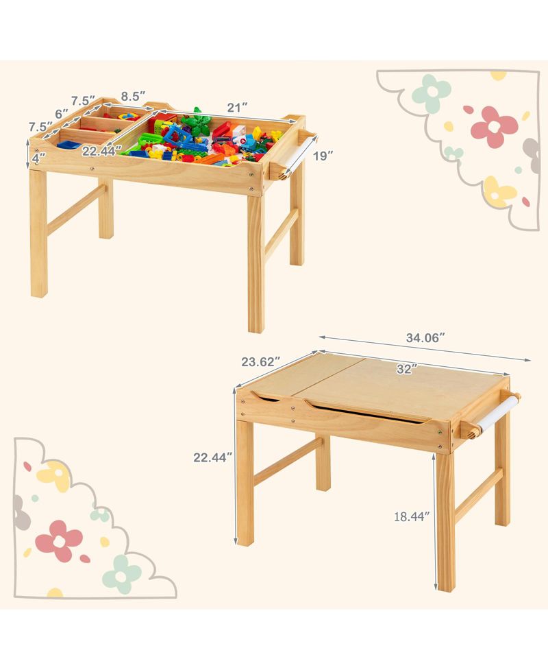 Wooden Building Block Activity Desk for Kids with Storage and Paper Roll
