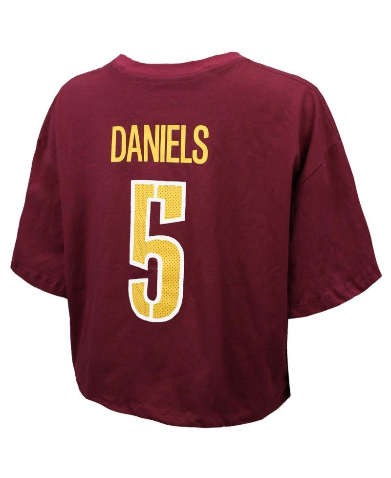 Women's Jayden Daniels Burgundy Washington Commanders Swarovski Crystals Boxy Cropped Name & Number T-Shirt