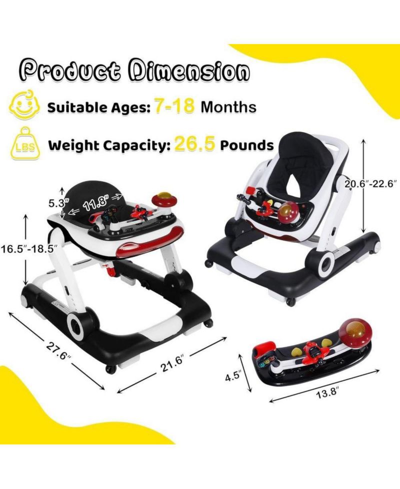 5-in-1 Baby Activity Walker with Music and Lights, Adjustable Height and Safety Bumper
