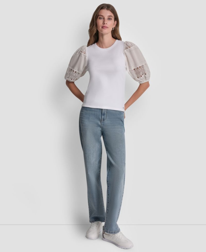 Petite Crew Neck Lace Eyelet Pull-On Top