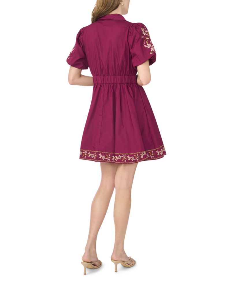 Women's Embroidered-Pintuck Puff-Sleeve Mini Dress