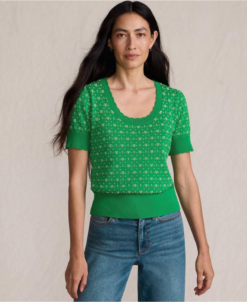 Women's Fine Gauge Cotton Jacquard Scoop Neck Sweater