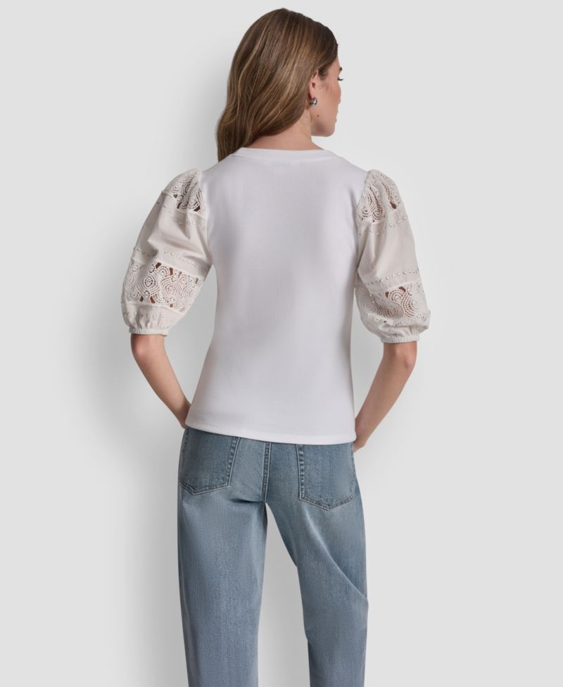Petite Crew Neck Lace Eyelet Pull-On Top