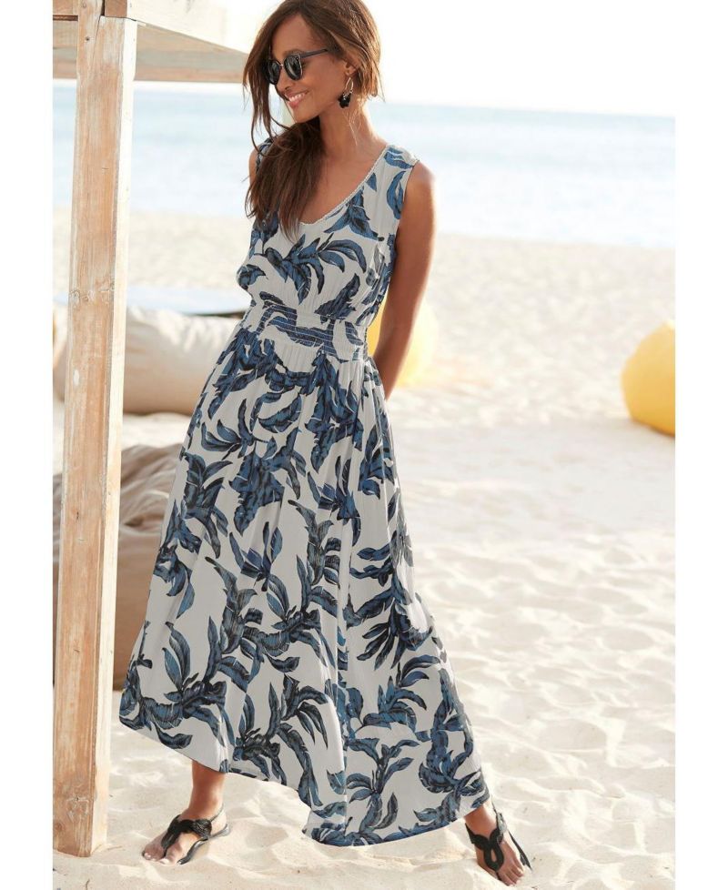 Women's Viscose Printed Crochet V-Neck Smocked-Waist Maxi Dress
