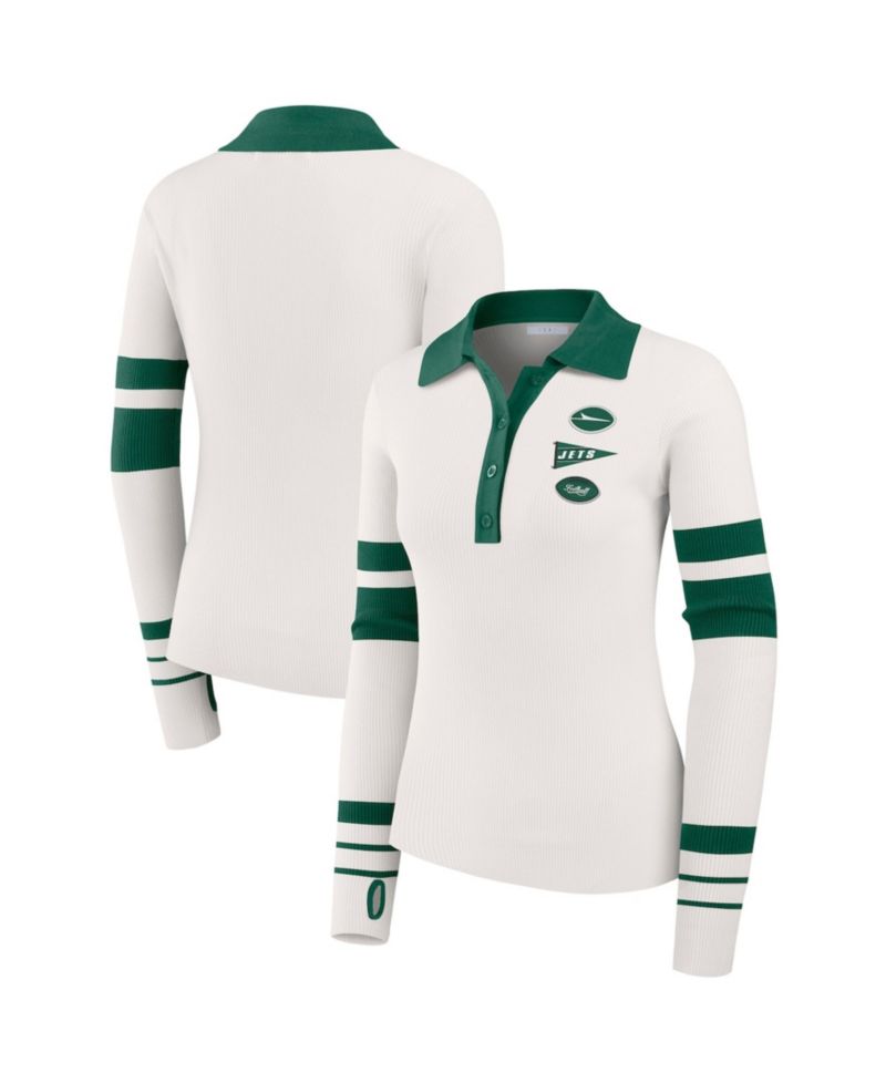 Women's White New York Jets Ribbed Henley Polo Sweater