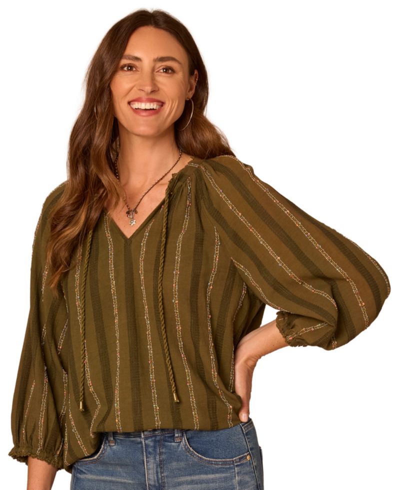 Petite 3/4 Blouson-Sleeve Split-Neck Blouse