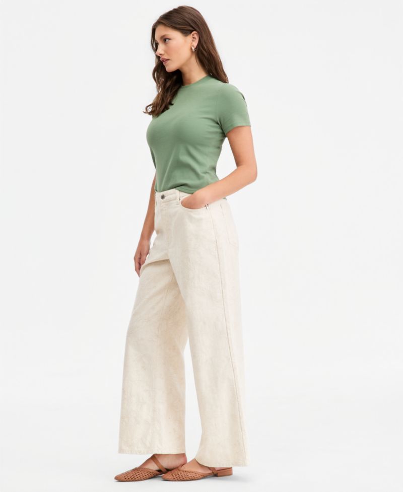 Women's High-Rise Floral Stitch Wide-Leg Jeans