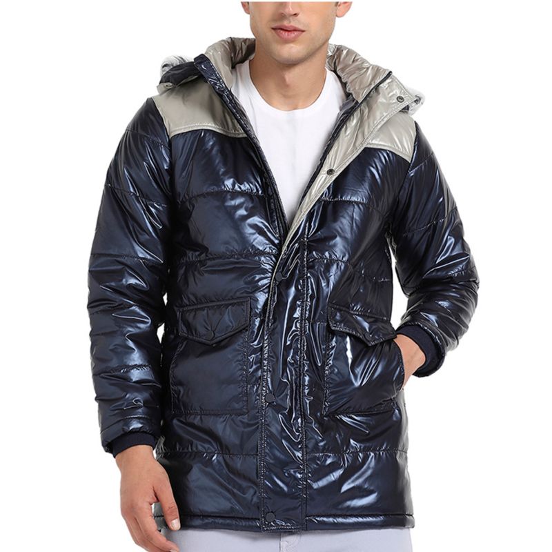 Men's Blue and Beige Zip-Front Puffer Jacket With Faux Fur Detail