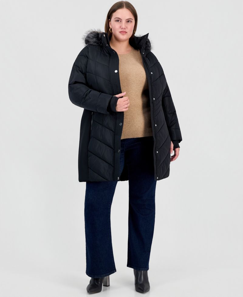 Plus Size Hooded Faux Fur Trim Puffer Coat