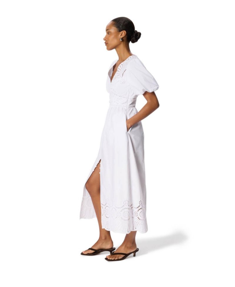 Women's Broderie V-Neck Voluminous Short-Sleeve Midi Dress