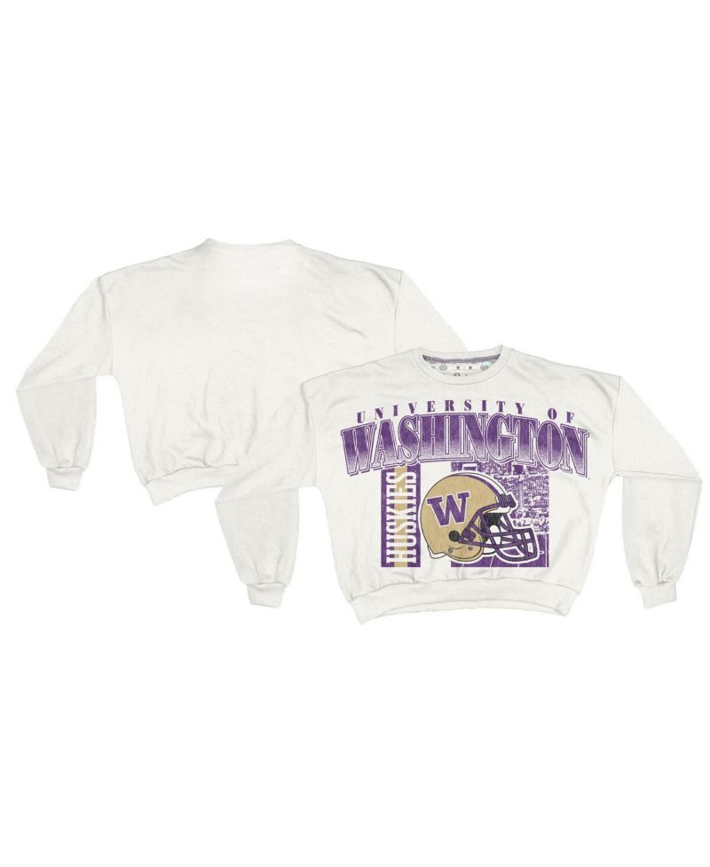 Women's White Washington Huskies Oversized Janice Retro Waist-Length Sweatshirt