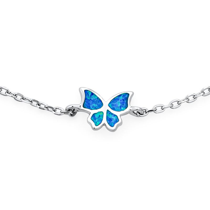 Created Blue Opal Butterfly Charm Anklet Ankle Bracelet Sterling Silver